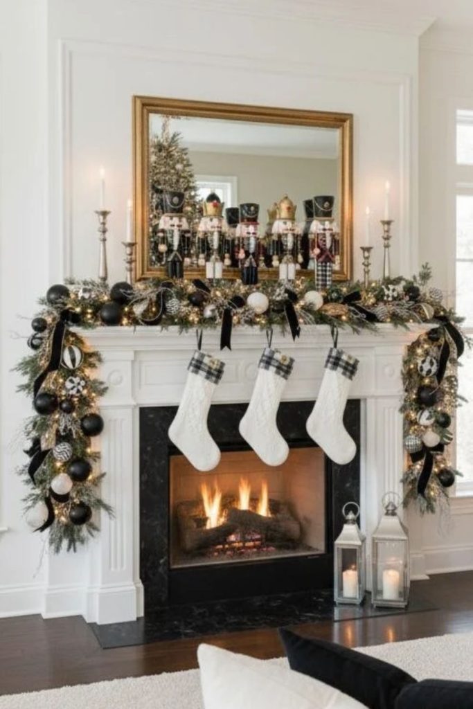 Black gold Christmas garland with ornaments.