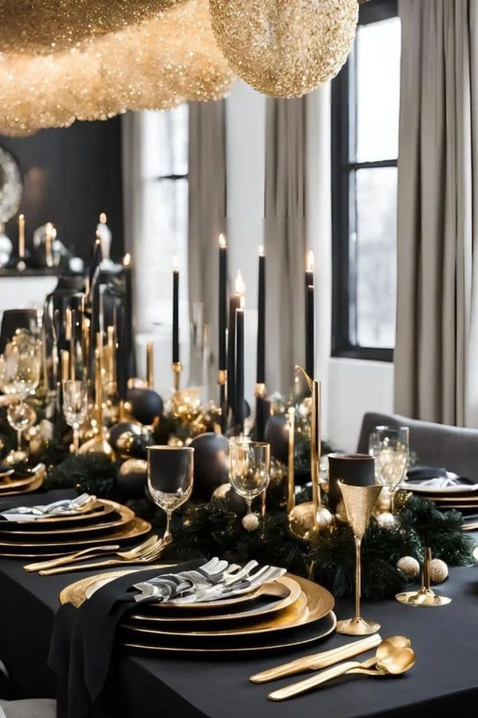 Modern black and gold Christmas dining table.