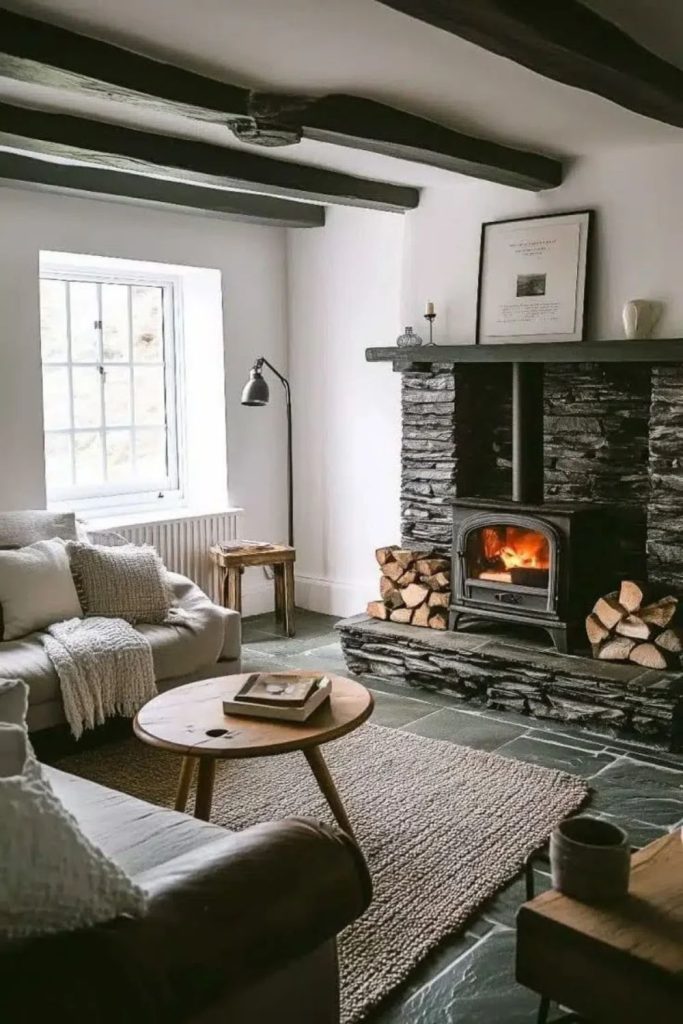 Black white cottage room with stove.
