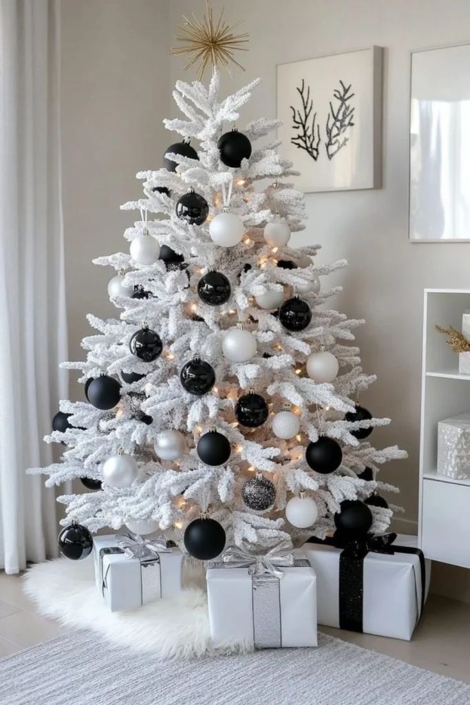 Modern black and white flocked Christmas tree.