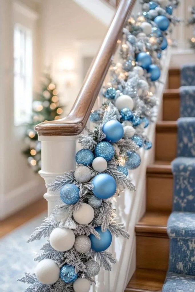 Blue frosted Christmas garland with snowflakes.