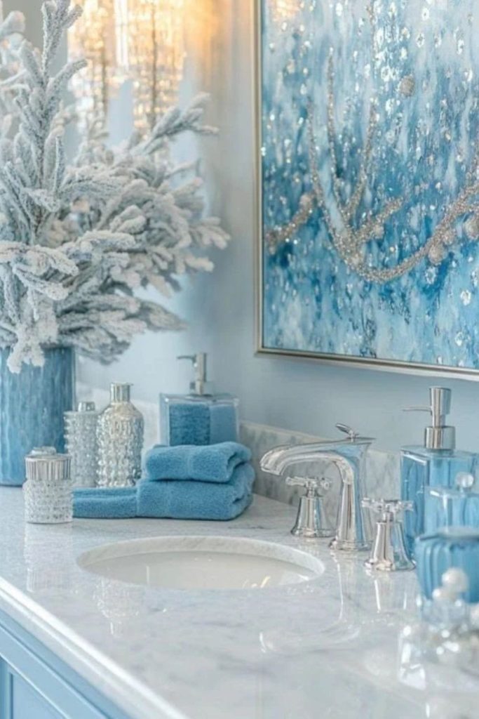 Blue and silver winter Christmas bathroom decorations.