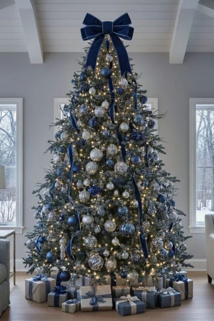 Blue and silver Christmas tree winter decorations.