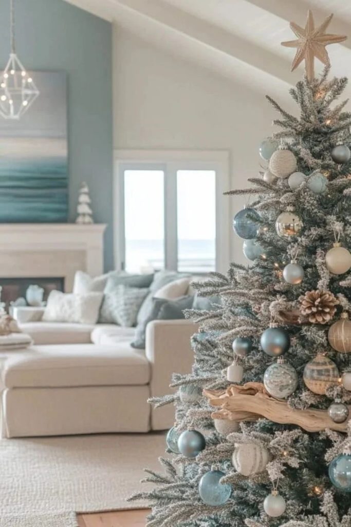 Blue and silver coastal flocked Christmas tree.