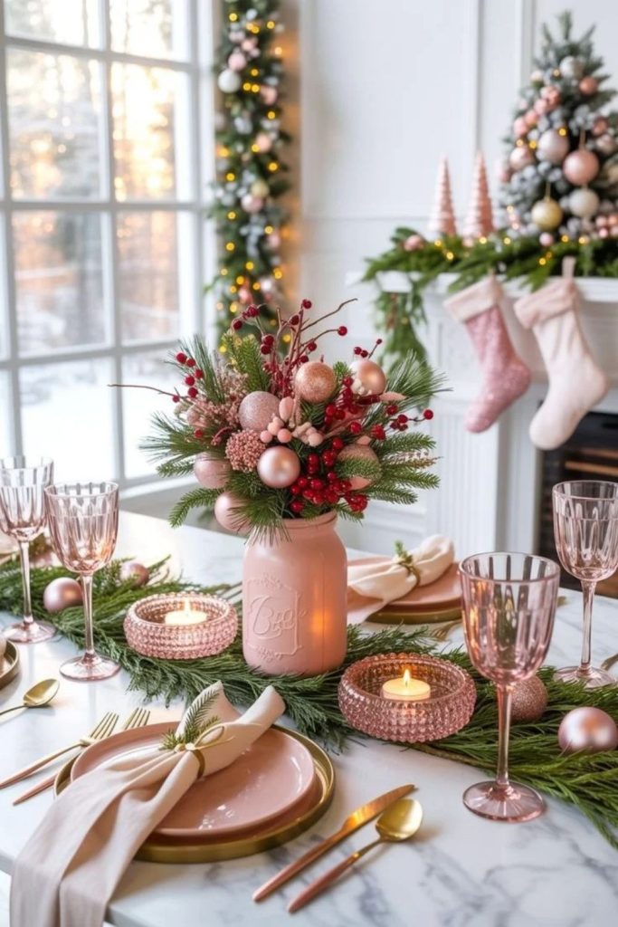 Romantic blush pink Christmas dining room decor.