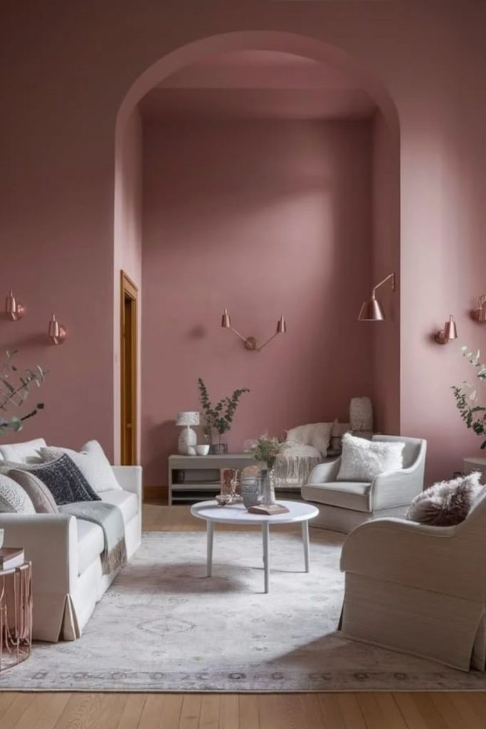 Blush pink dreamy colour drenched bedroom.