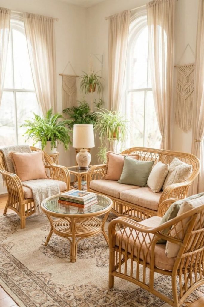 Bohemian cane sofa with textured cushions