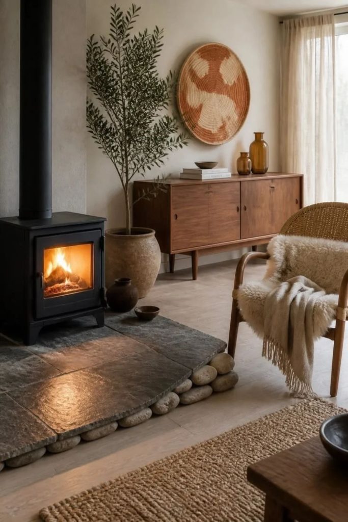 Bohemian living room with cozy stove.