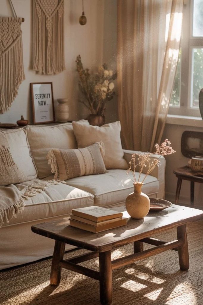 Bohemian hygge living room with woven textures.