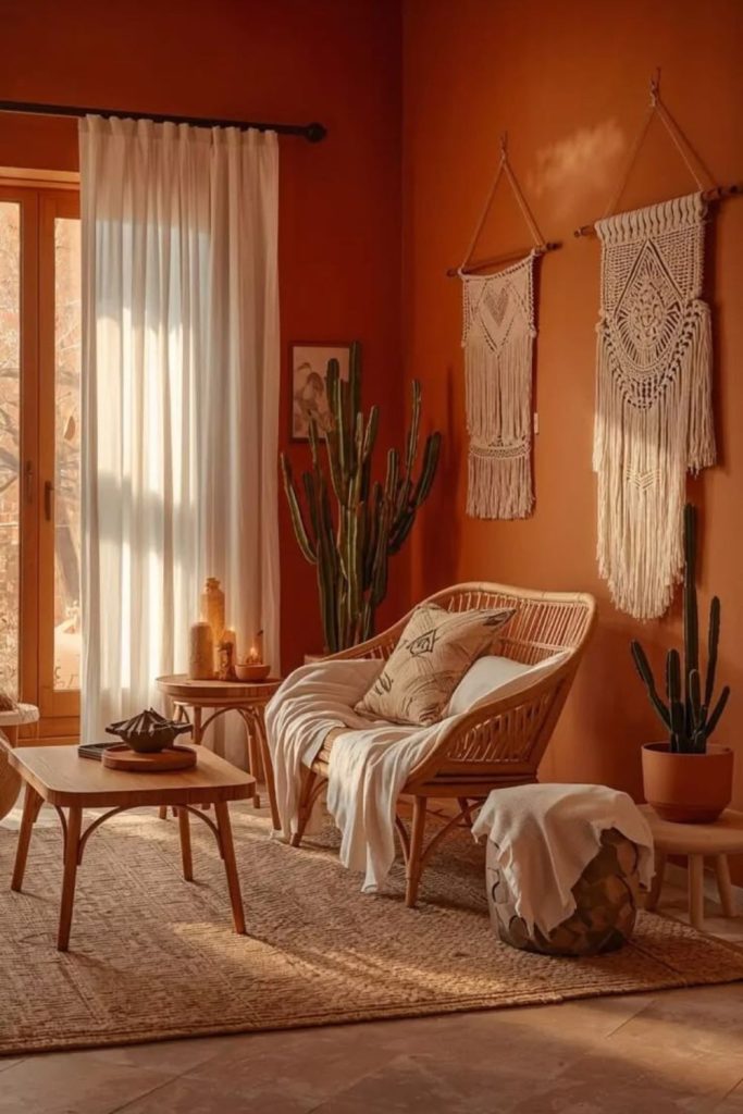 Bohemian terracotta living room with cozy textures