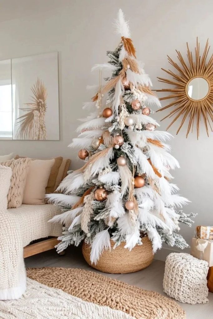 Boho Christmas tree with woven handmade ornaments.