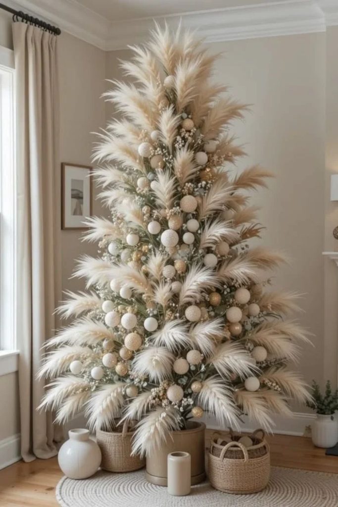 Boho pampas grass flocked Christmas tree decorations.