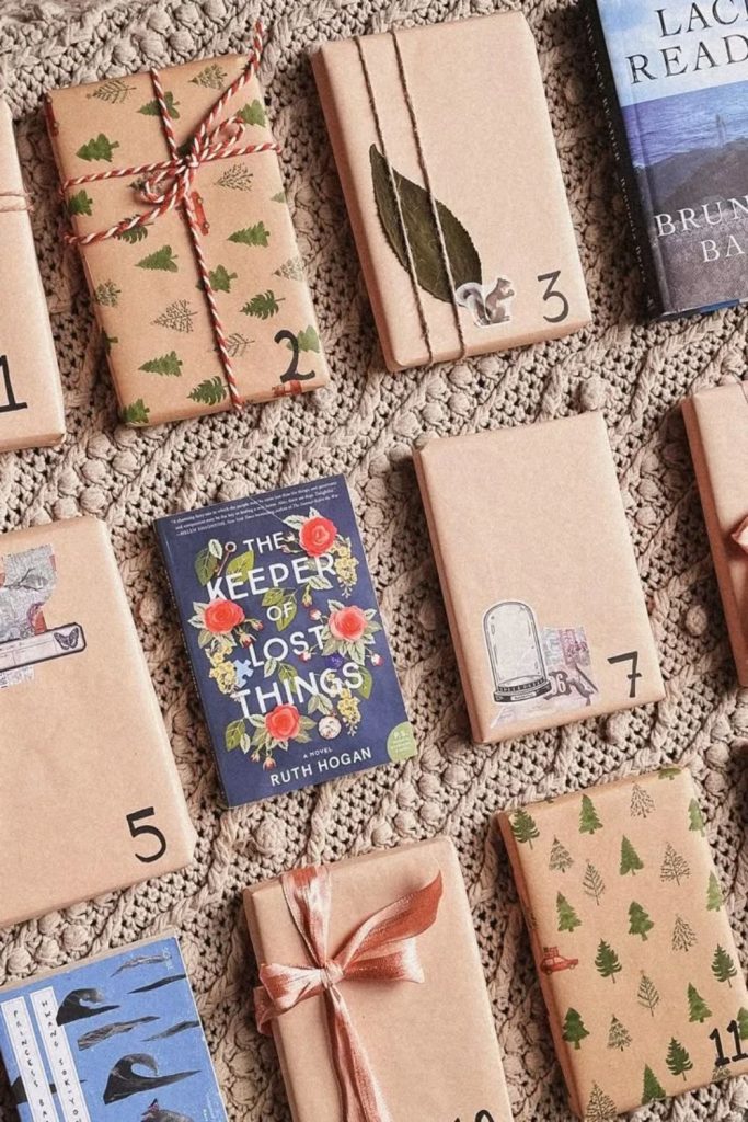 Bookworm Christmas advent calendar with wrapped books.