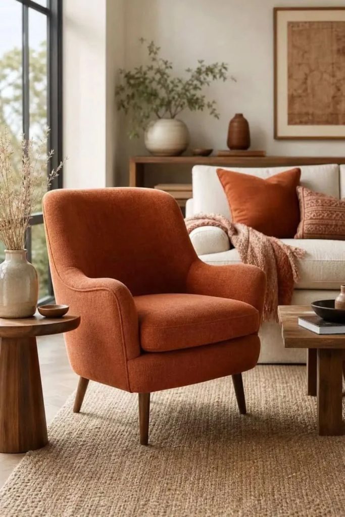 Rust Bouclé Accent Chair with Rounded Shape