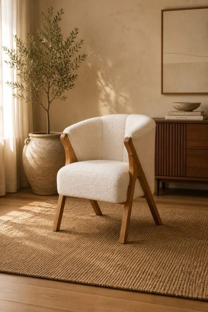 Boucle Accent Chair with Natural Wooden Legs