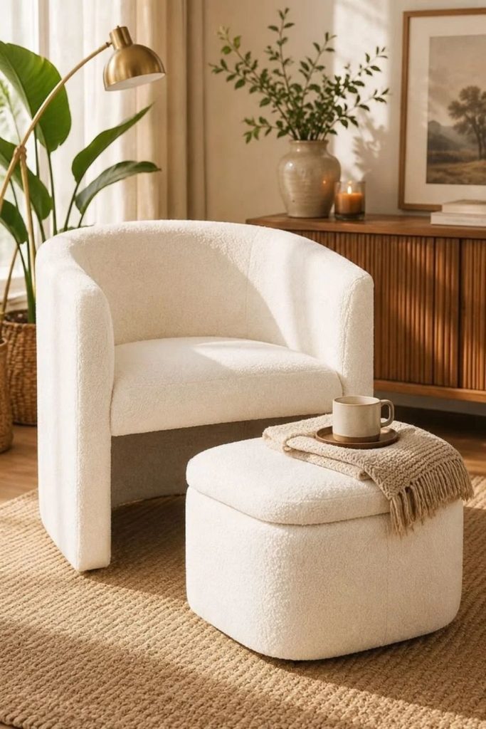 Rounded Bouclé Barrel Chair in Ivory