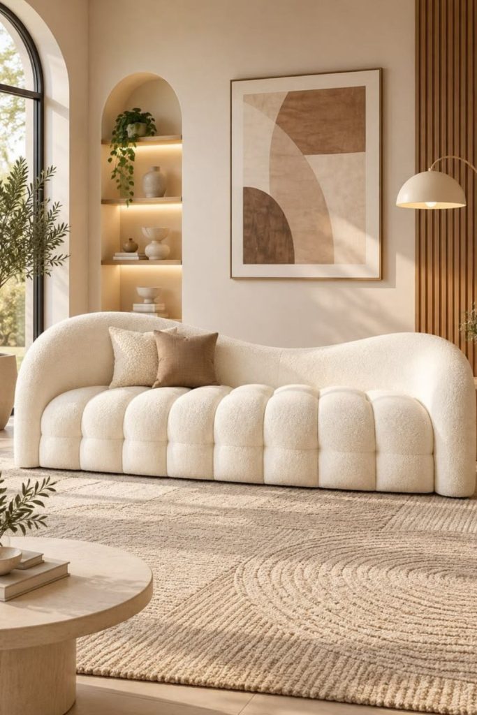Curved Bouclé Loveseat in Oatmeal Fabric