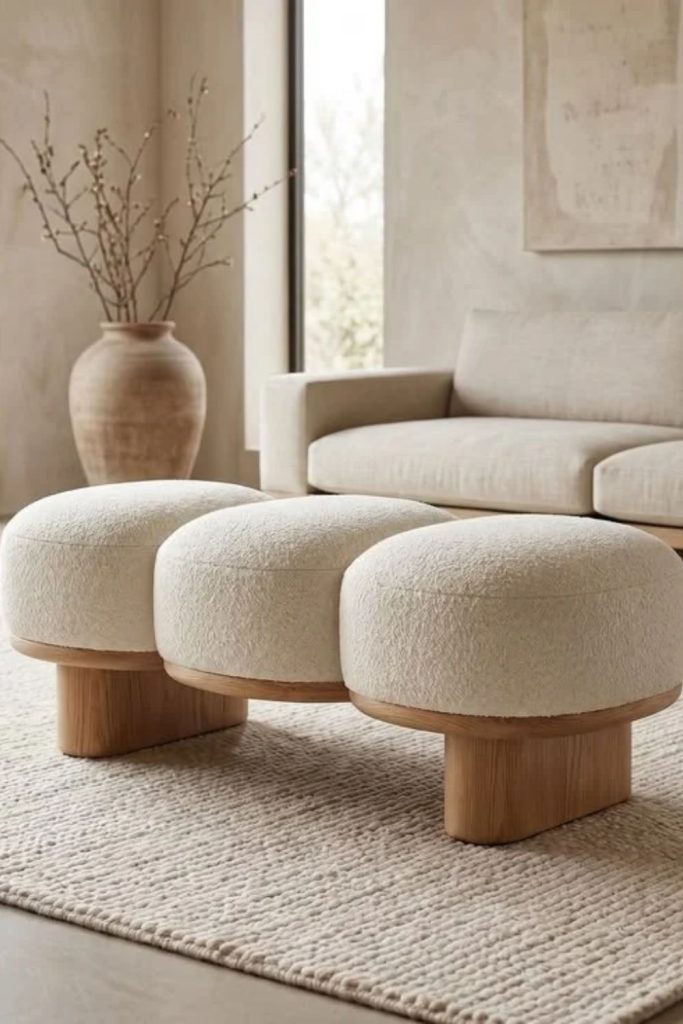 Cream Bouclé Nesting Poufs for Living Room