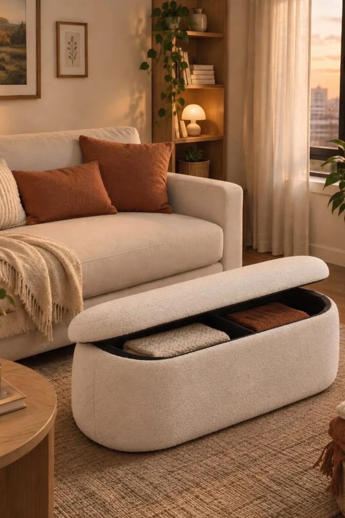 Bouclé Storage Ottoman with Hidden Compartments