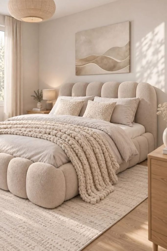Cream Bouclé Platform Bed Frame Design