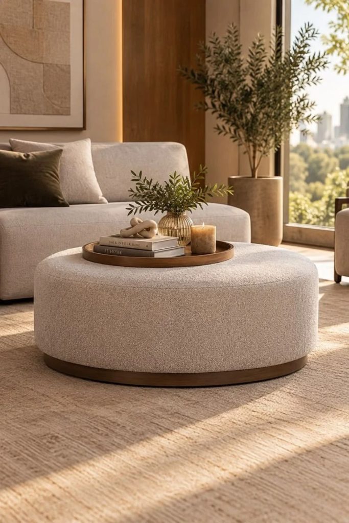 Round Bouclé Ottoman in Cream Upholstery
