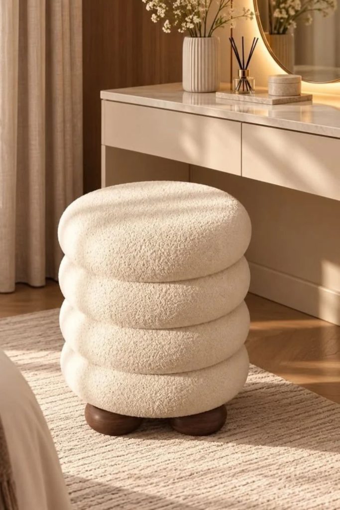 Ivory Bouclé Vanity Stool with Gold Legs