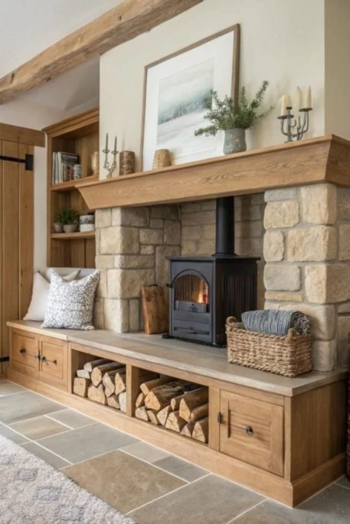 Built-in firewood storage beside burner.
