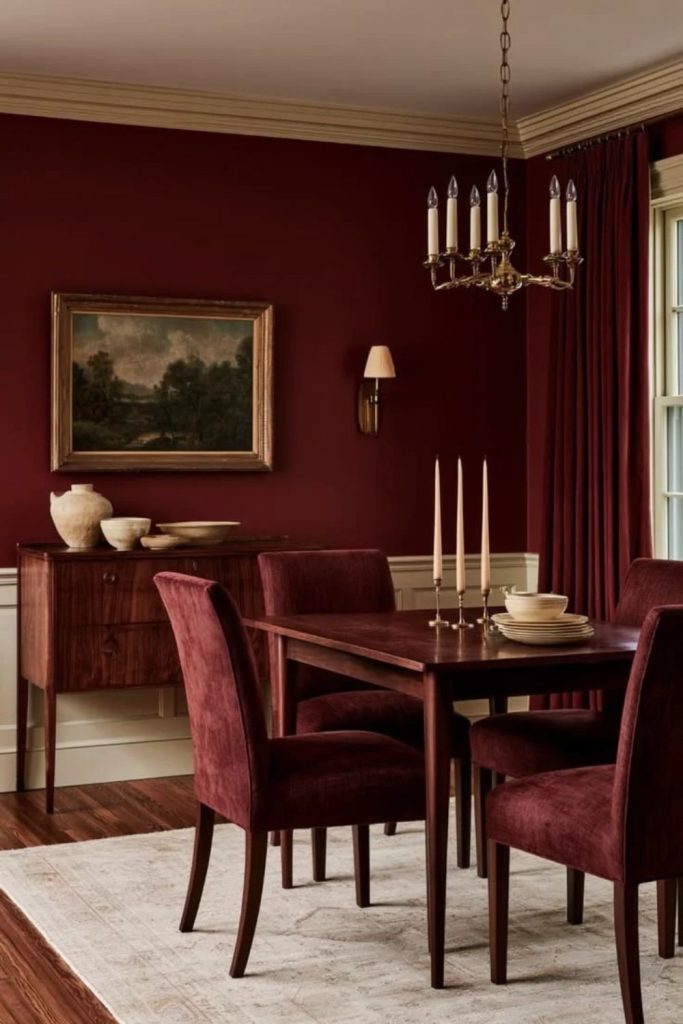 Burgundy elegant colour drenched dining chamber.