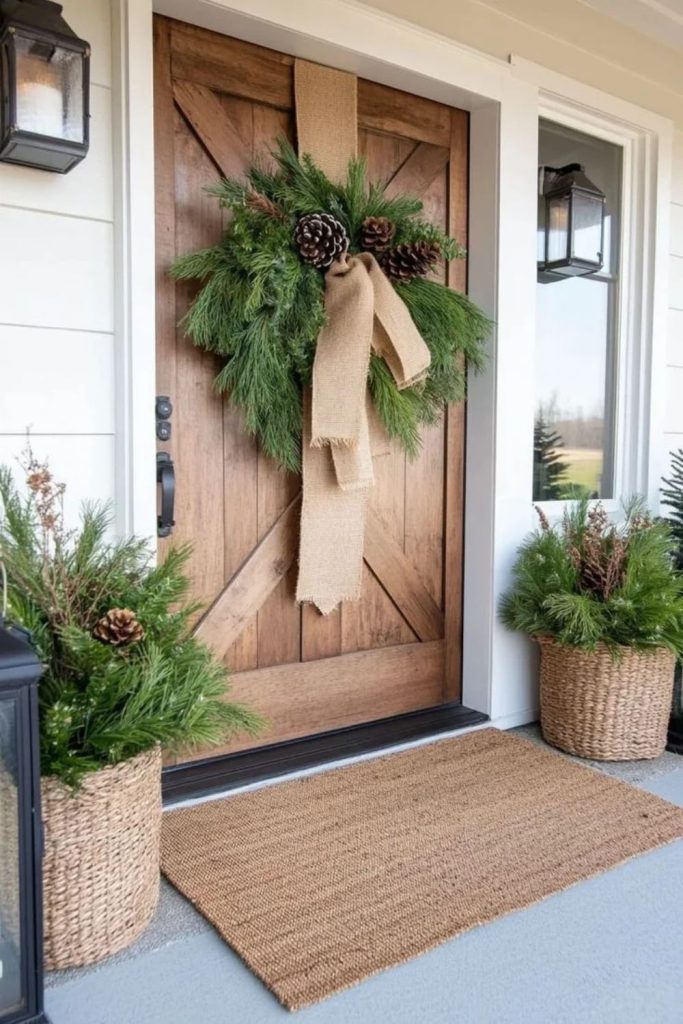 Burlap evergreen Christmas wreath with pinecones.