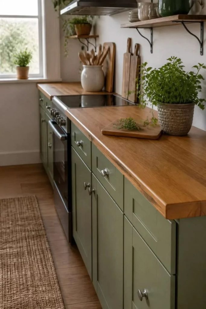 Olive green kitchen with terracotta backsplash tiles.