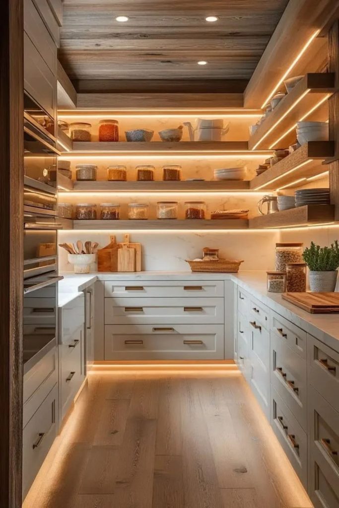 Open shelving with neatly arranged pantry essentials.
