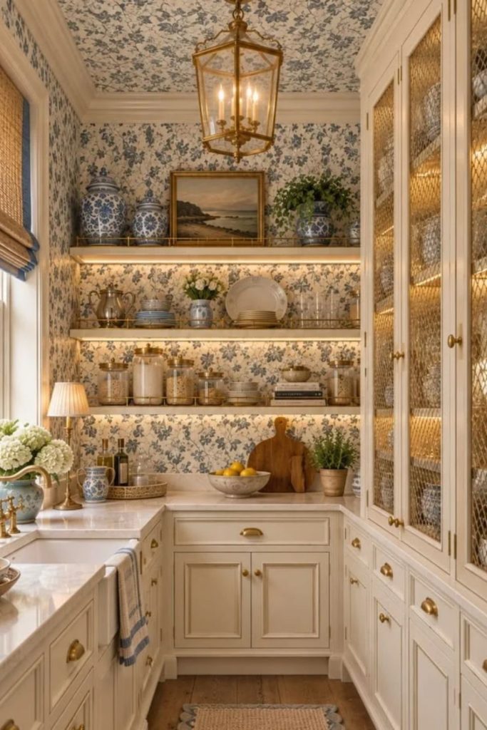Patterned backsplash adding charm to pantry.