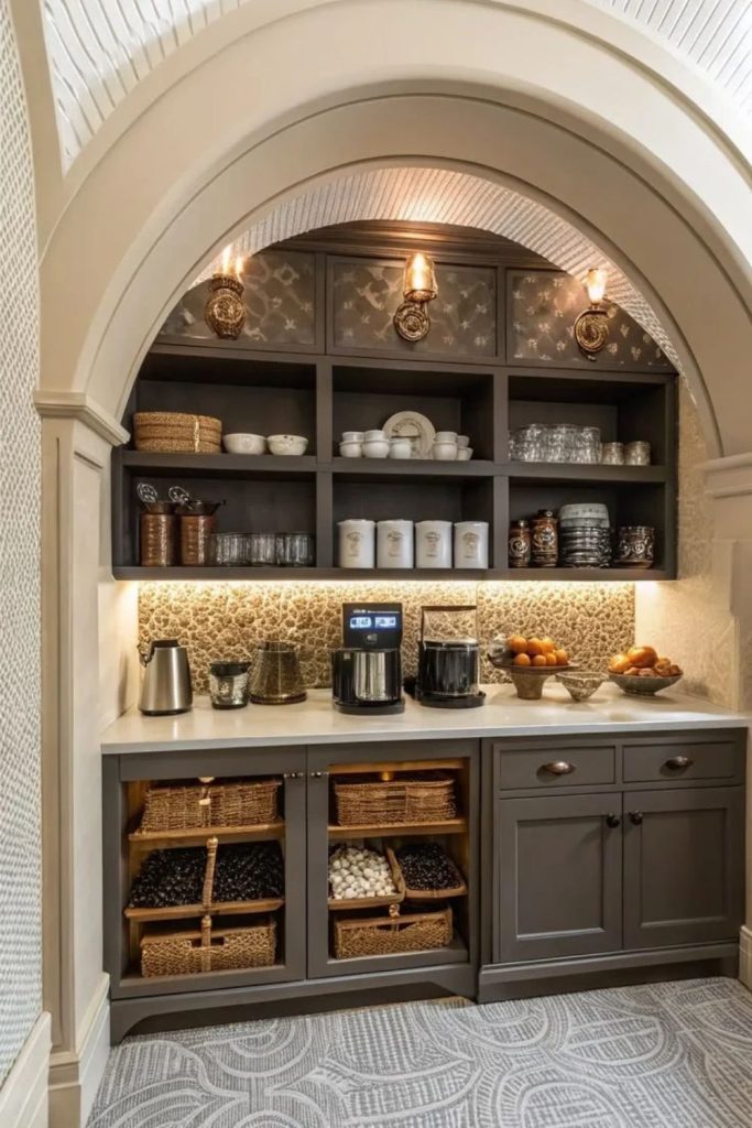 Beverage bar with organized drink supplies.