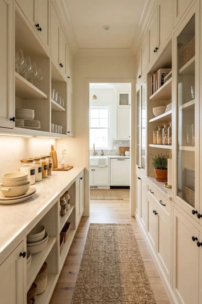 Breakfast nook beside organized pantry storage.