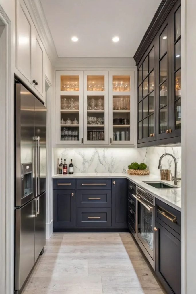 Built-in refrigerator inside modern butler’s pantry.