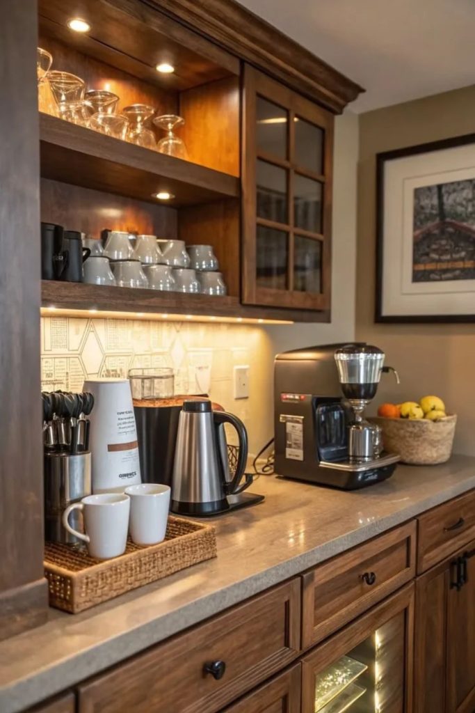 Cozy coffee station inside butler’s pantry.
