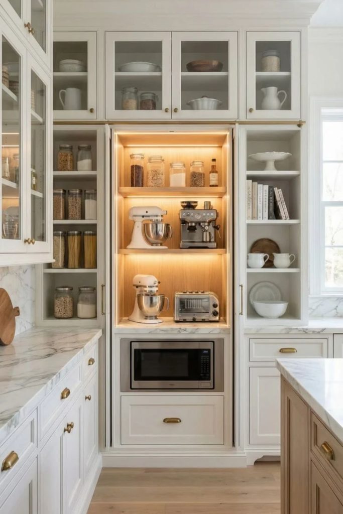 Hidden appliance garage inside organized pantry.