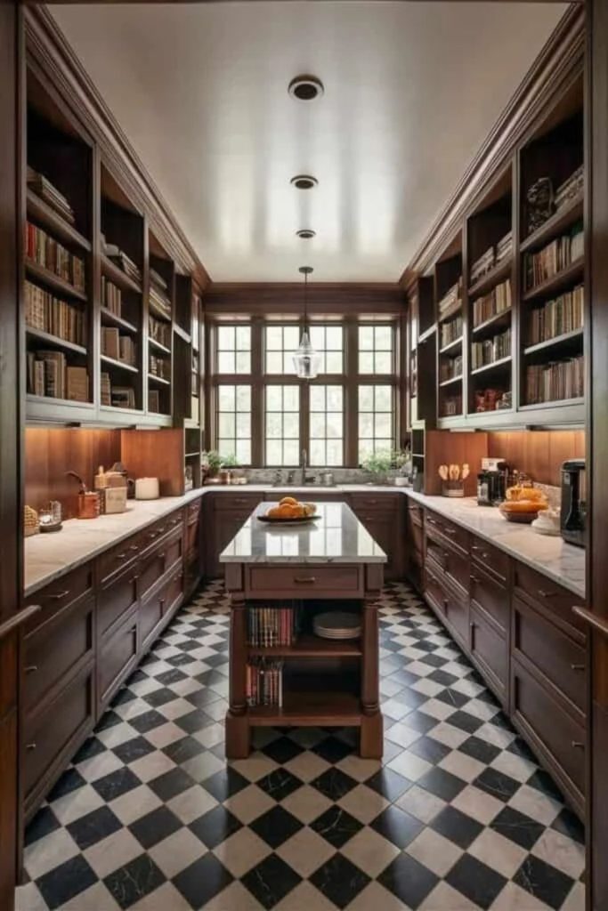 Long serving counter inside elegant pantry.