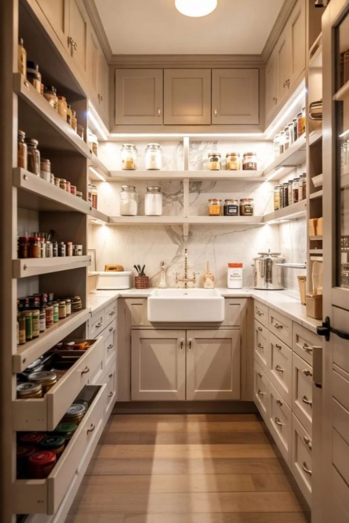 Functional butler’s pantry featuring prep sink.