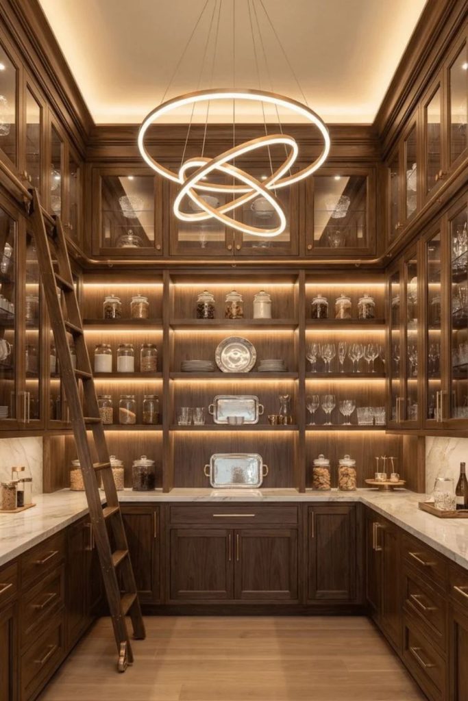 Elegant pantry illuminated by statement chandelier.