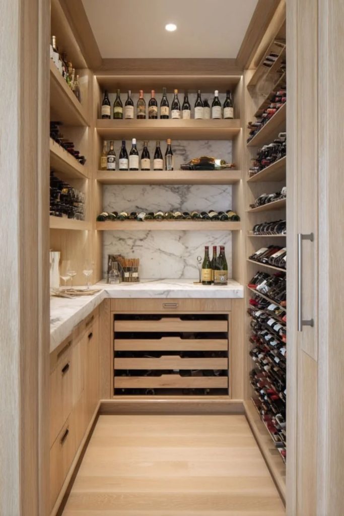 Elegant wine storage wall inside pantry.