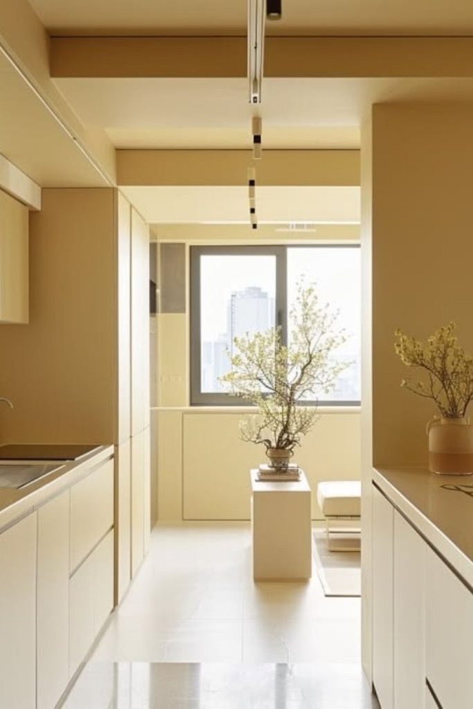 Butter yellow bright colour drenched kitchen.
