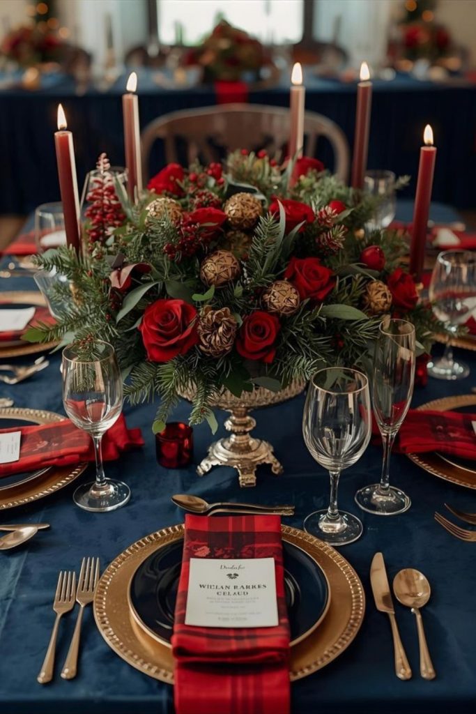 Romantic candlelit Christmas dining table centerpiece.
