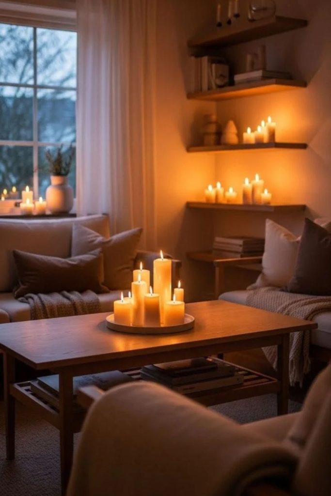 Candlelit Scandinavian living room with warm ambiance.
