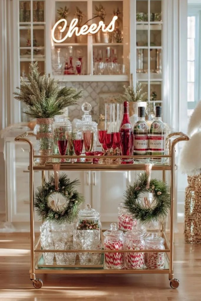 Candy cane Christmas bar cart with peppermint decorations.