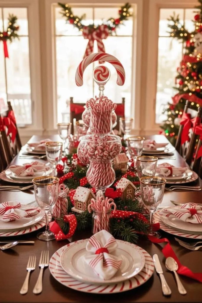 Festive candy cane Christmas dining table decorations.