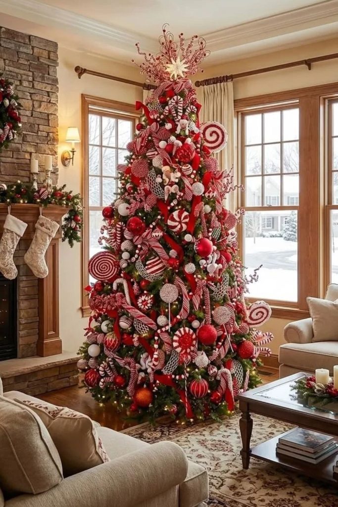 Red white candy cane Christmas tree decorations.