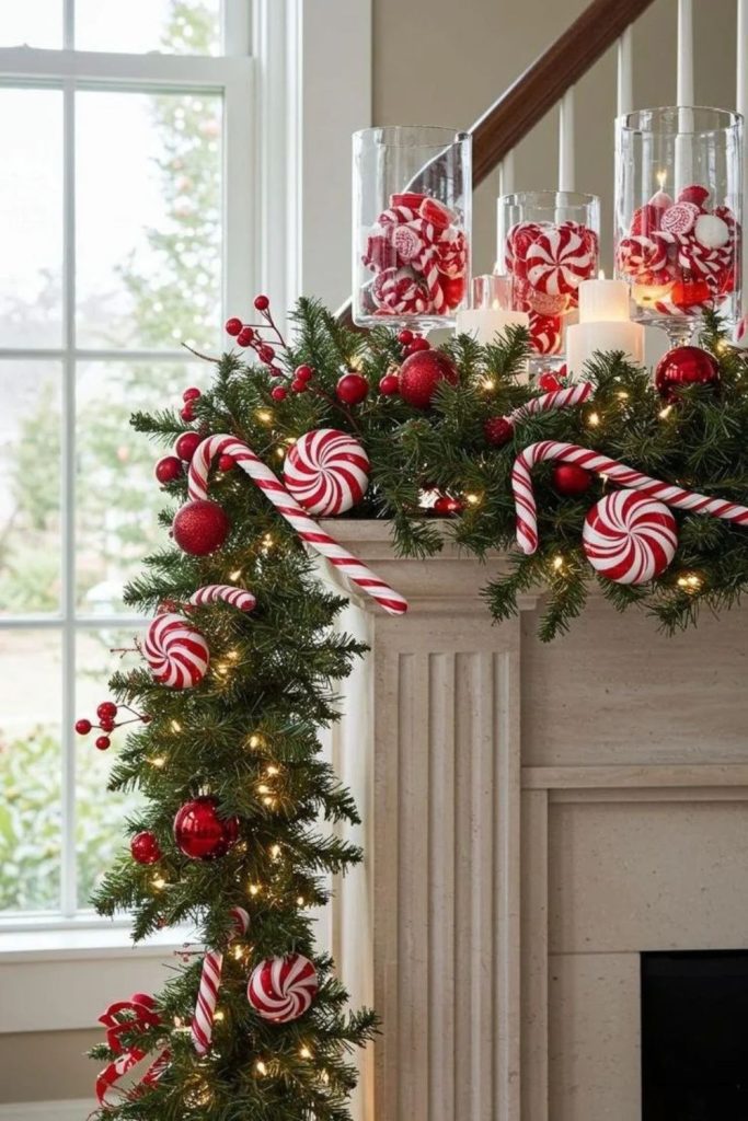 Candy cane garland with festive greenery.