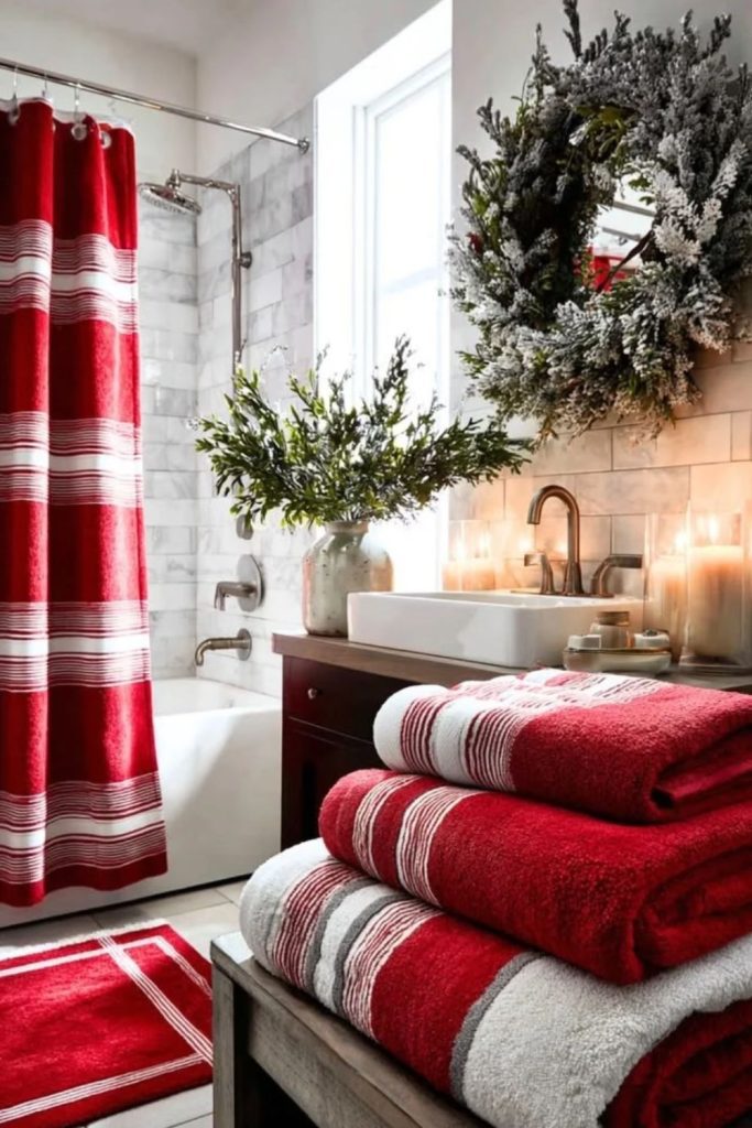 Candy cane striped towels and bathroom decorations.