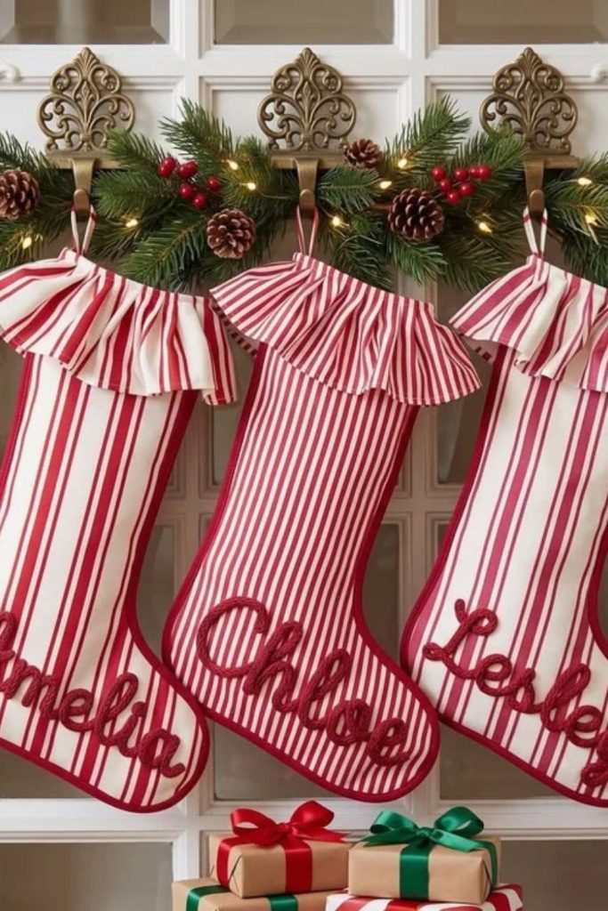 Red white candy cane striped stockings